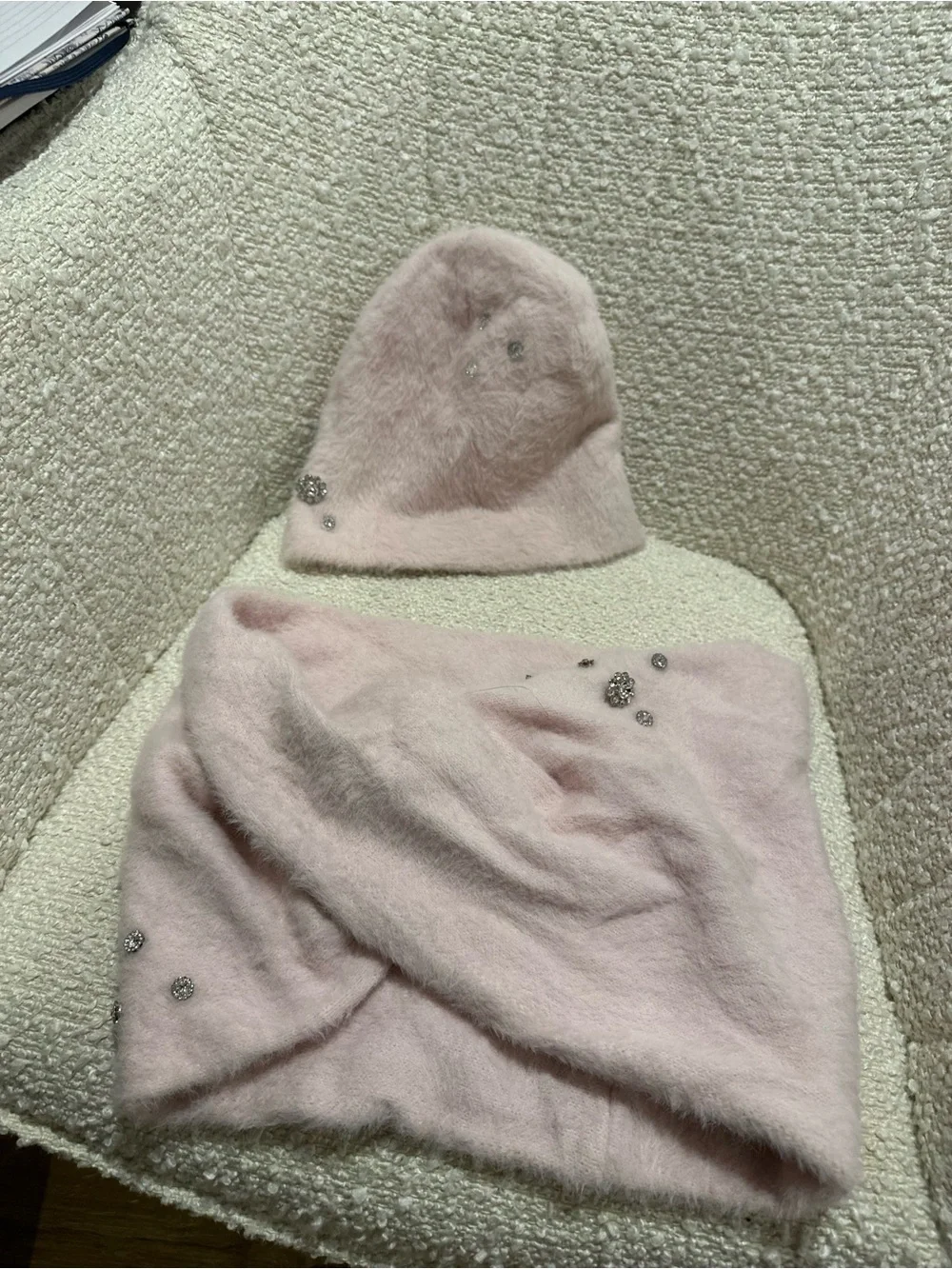 Karl Lagerfeld Soft Pink Knit Hat and Scarf Set with Crystal Accents